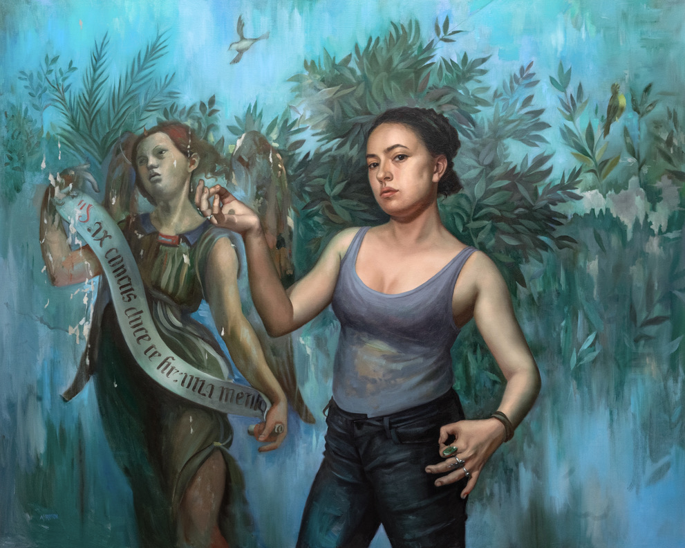 photo of painting with two female figures, blue background with leaves