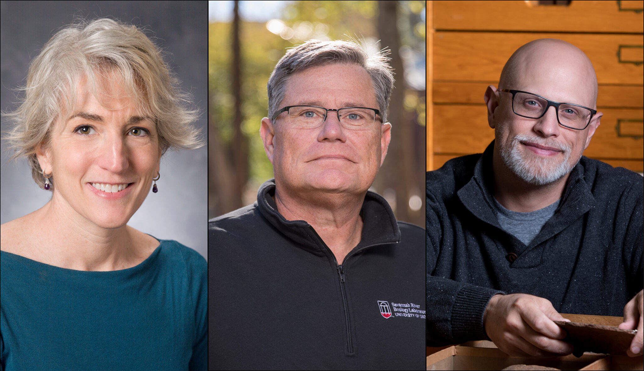 three headshot photos of people