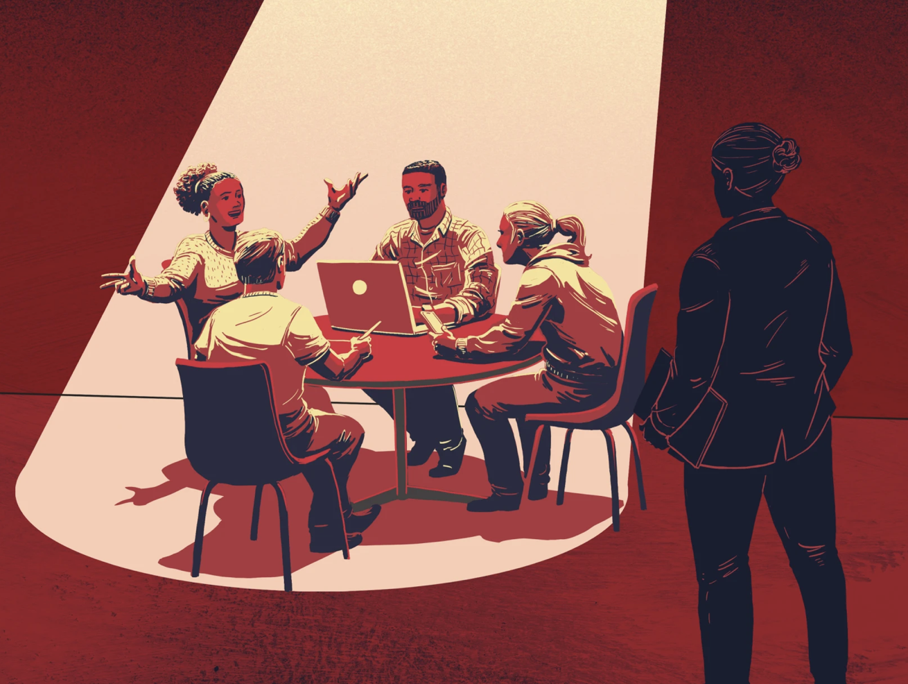graphic with image of people sitting, talking at a table