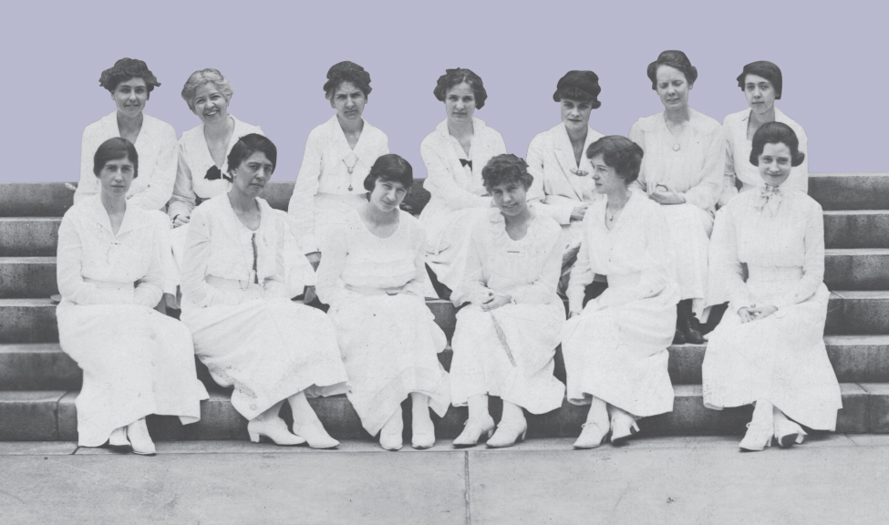 historical photo of women seated on steps