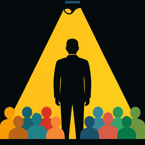 graphic with outlines of person, spotlight, crowd