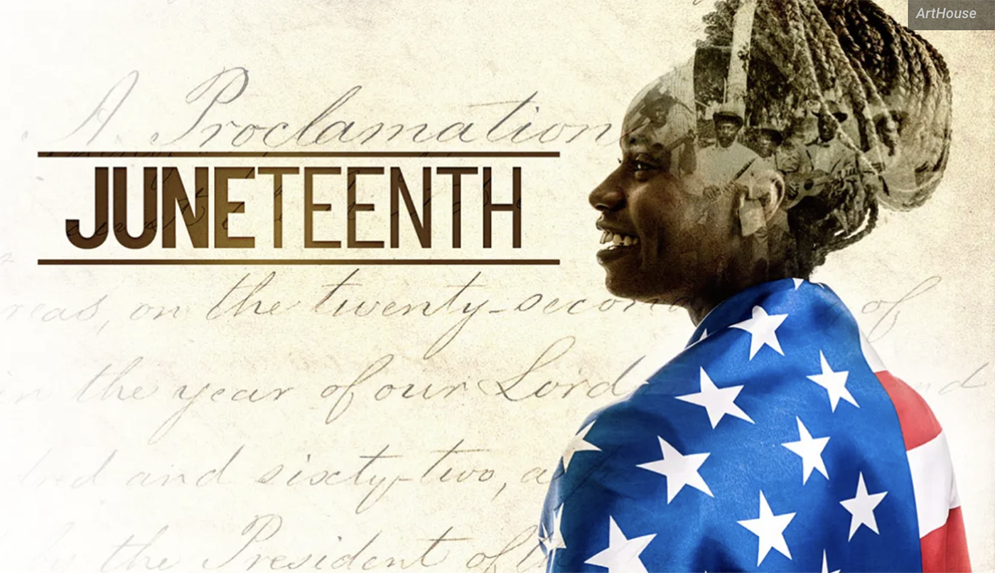 graphic with image of woman, text, flag