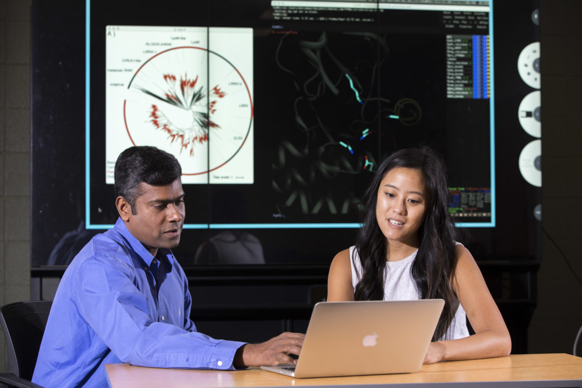 photo of two people seated looking at laptop