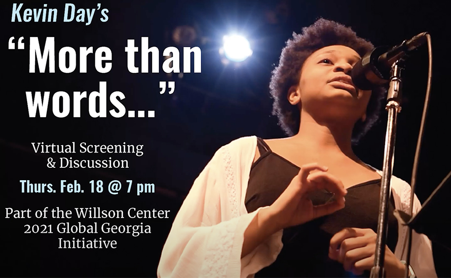 graphic with photo of woman at microphone, words in white text