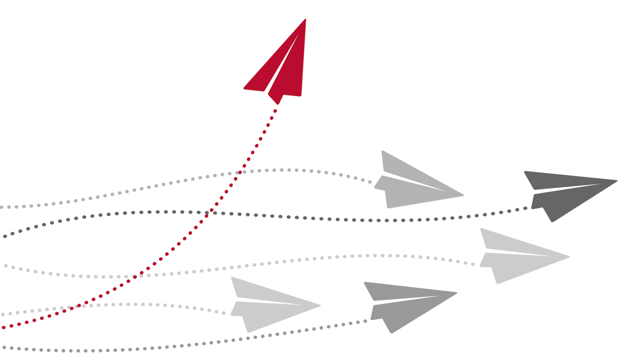 graphic with paper airplanes and lines, one red