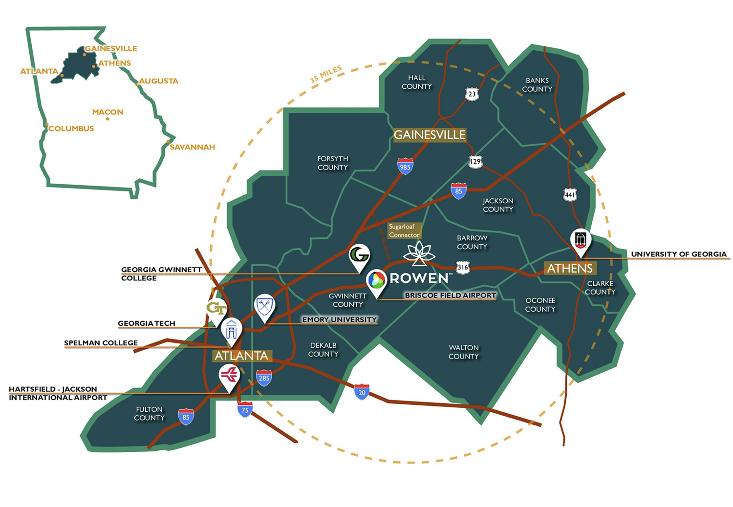 regional map graphic, green with county divisional lines and inset