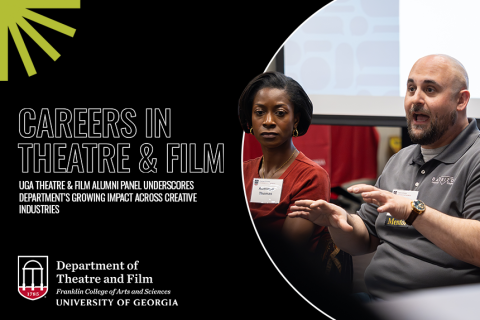 graphic photo of man and woman, white outline text on black, logo