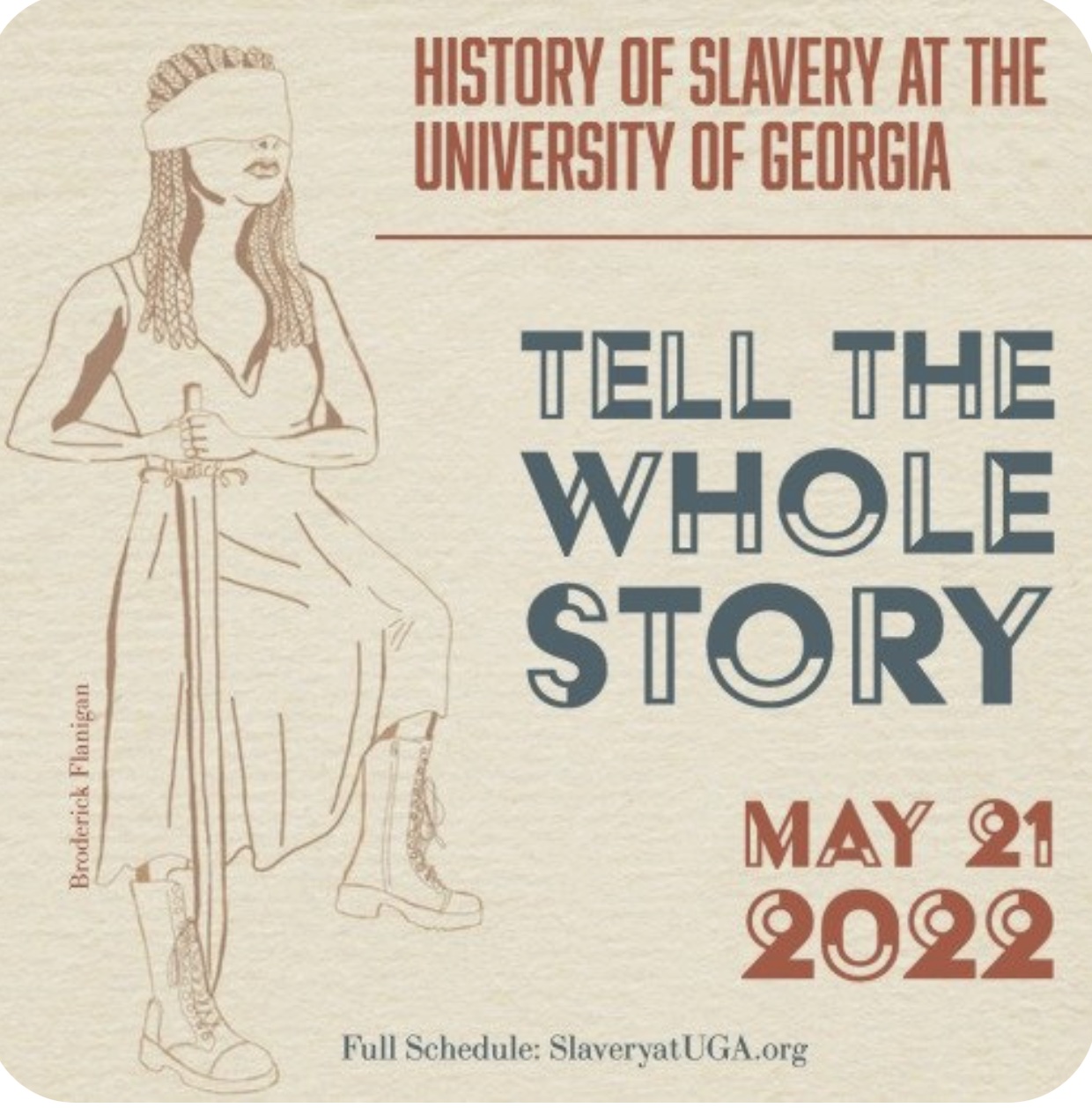 graphic with drawing of woman with sword, text