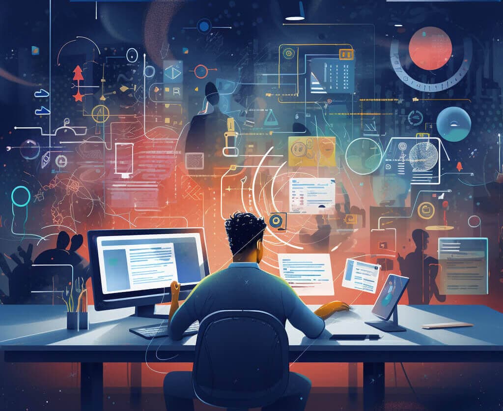 graphic illustrations with figure, computer, shapes and colorful designs