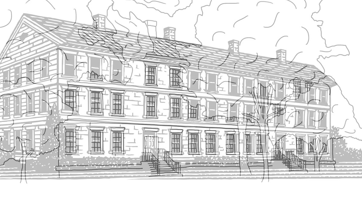b/w drawing of building