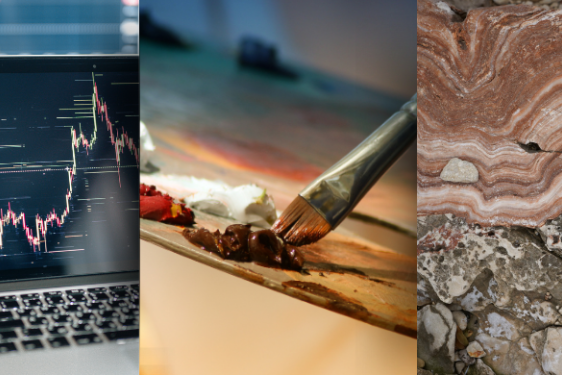 collage of three photos _ computer screen, paint brush, layer striations,